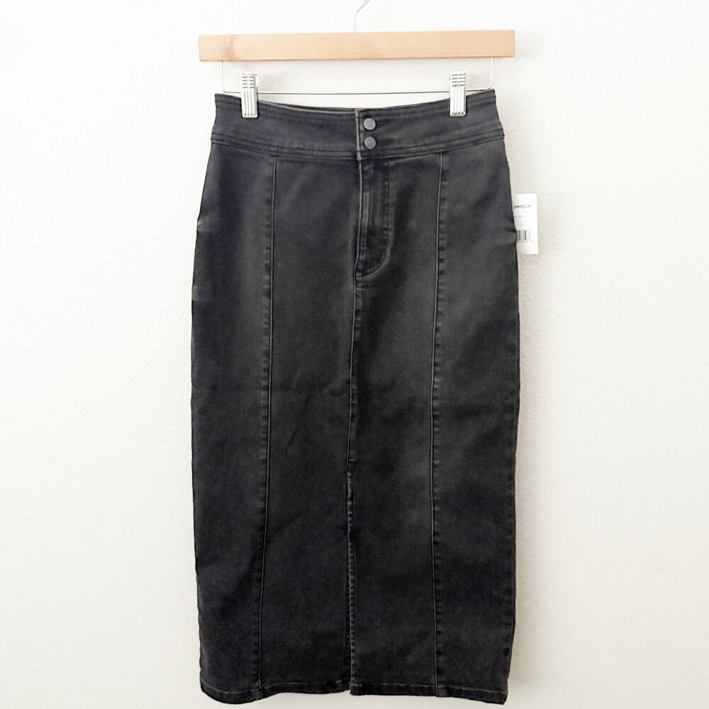 FREE PEOPLE | Maddie Denim Midi Skirt Front Slit Black Jean Pencil | 28, 6 - Picture 2 of 8